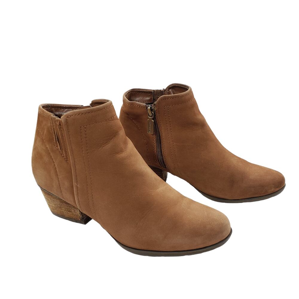 Blondo 7.5 Suede Leather Bootie Ankle Boots Women Tan Beige Zip Stacked Heel‎ 2"